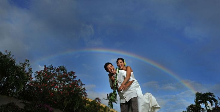 Rainbow background wedding picture