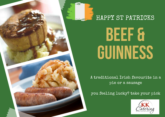 Beef and guiness pie or beef and guiness sausages from KK catering