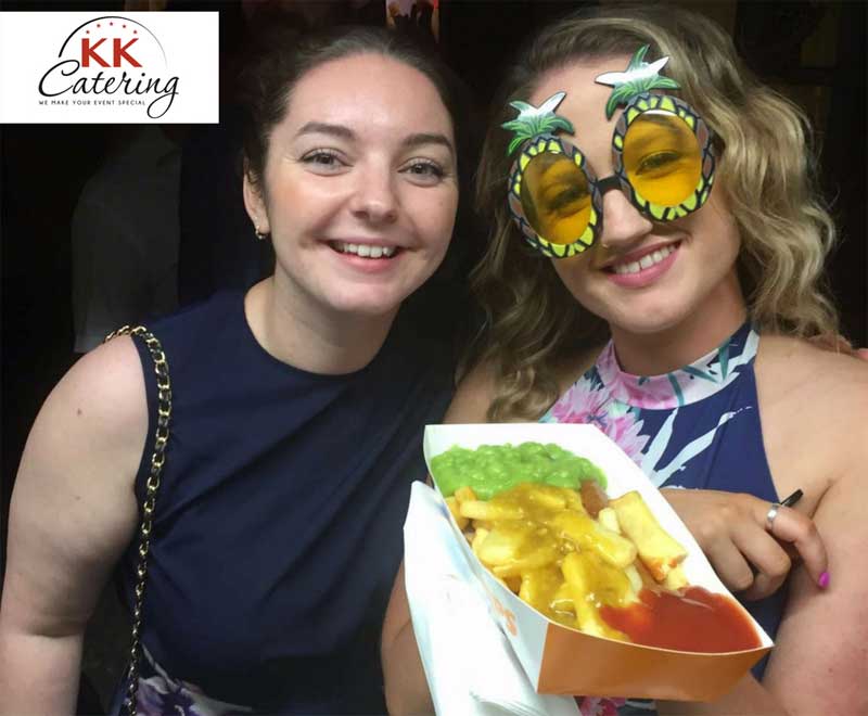 girls with fish and chips from our fish and chip van at a birthday party