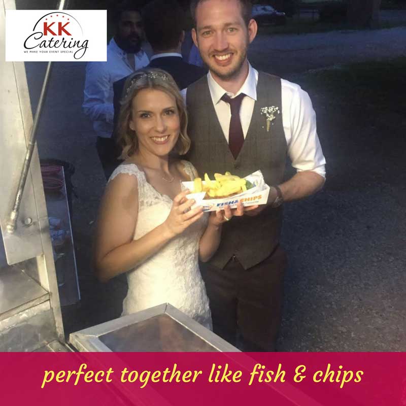 bride and groom at the fish and chip van