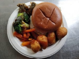 Roast Turkey Sandwich with Gravy broccoli carrots roast potatoes & stuffing