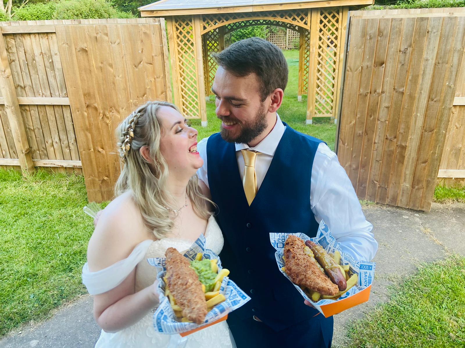 fish and chip wedding bride and groom