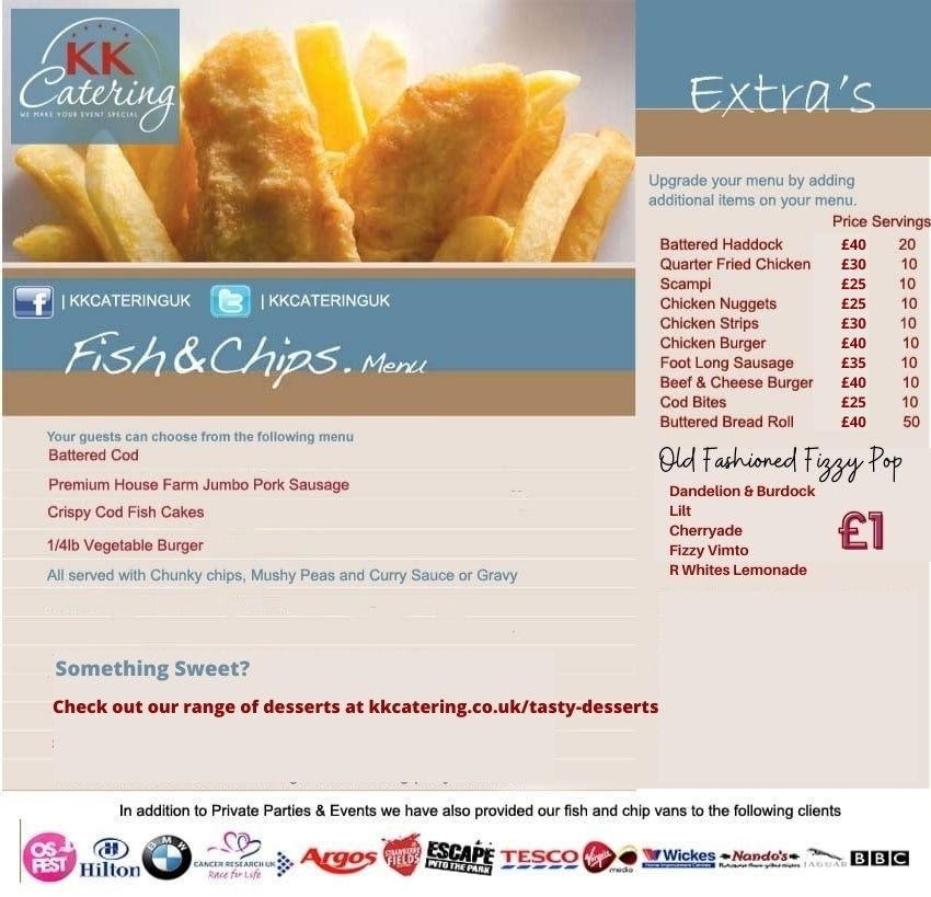 KK Catering fish and chip menu