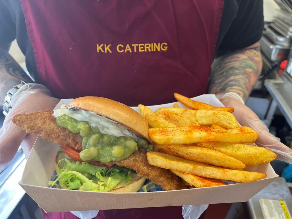 Posh Fishwich - Battered Cod sandwich with mushy peas and tartar sauce