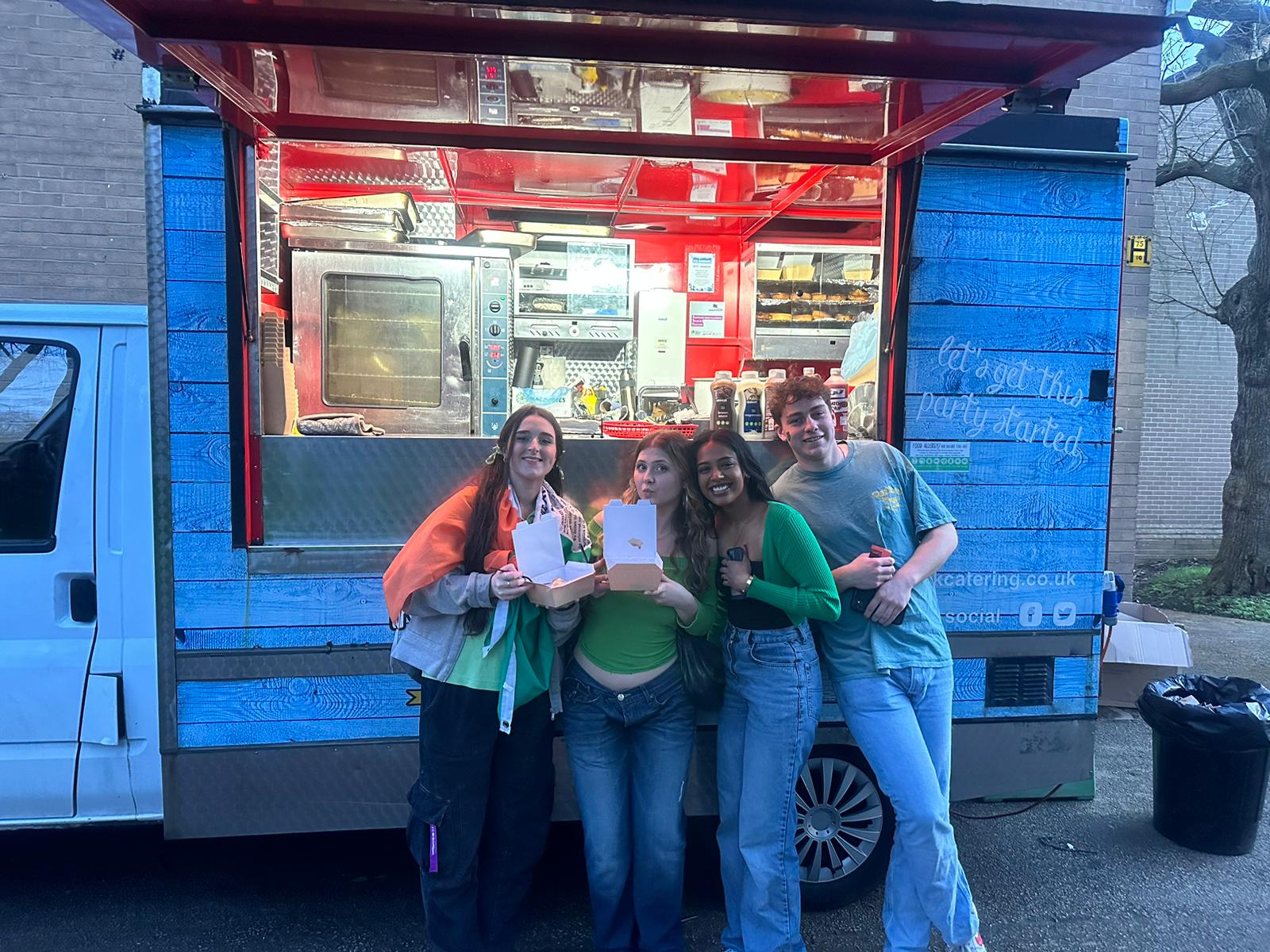 manchester university students outside a kk catering pie and mash van