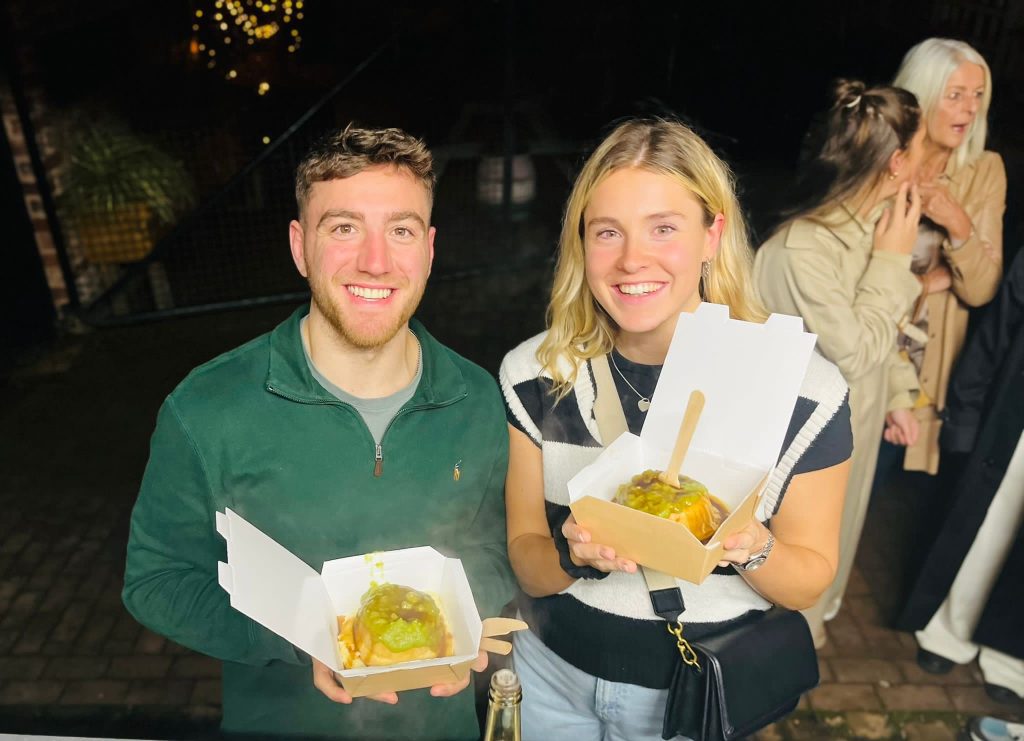 pie mash and mushy peas at an evening wedding reception