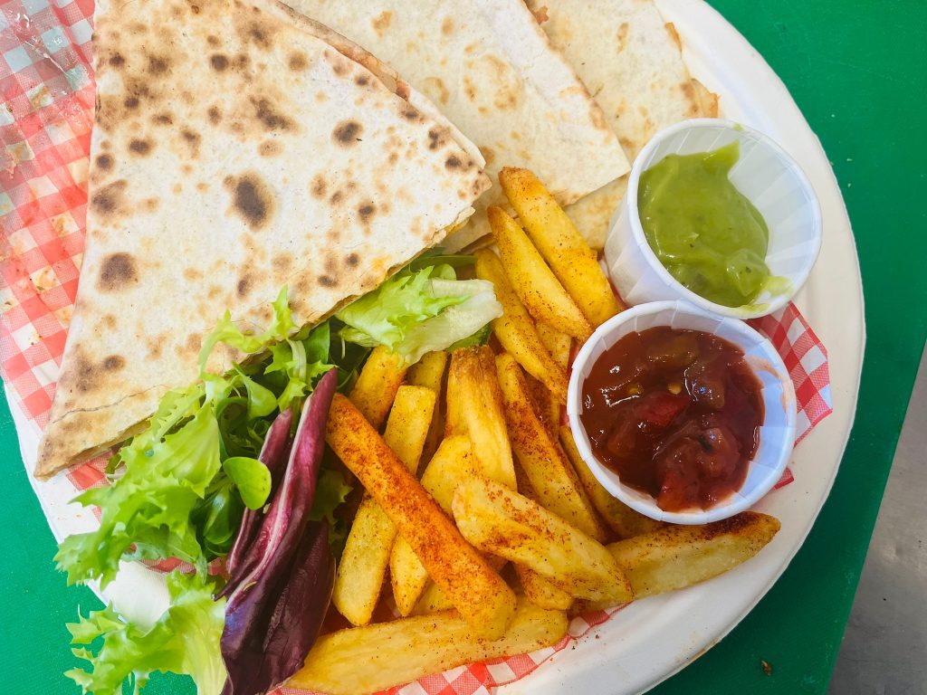 Quesadilla chicken with fries from kk catering